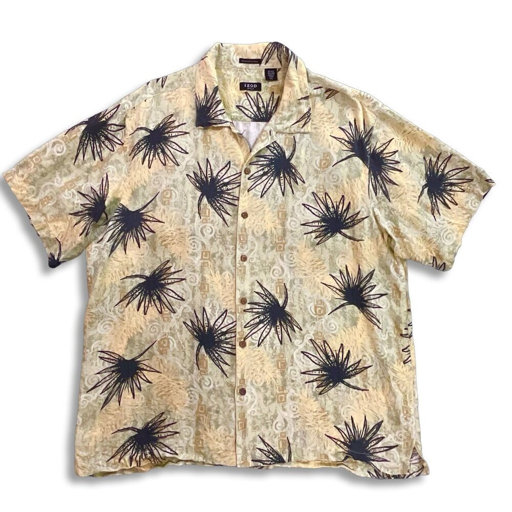 Izod Golf Silk & Linen Blend Shirt Men XXL 2XL Hawaiian Palm Leaf Camp Button Up